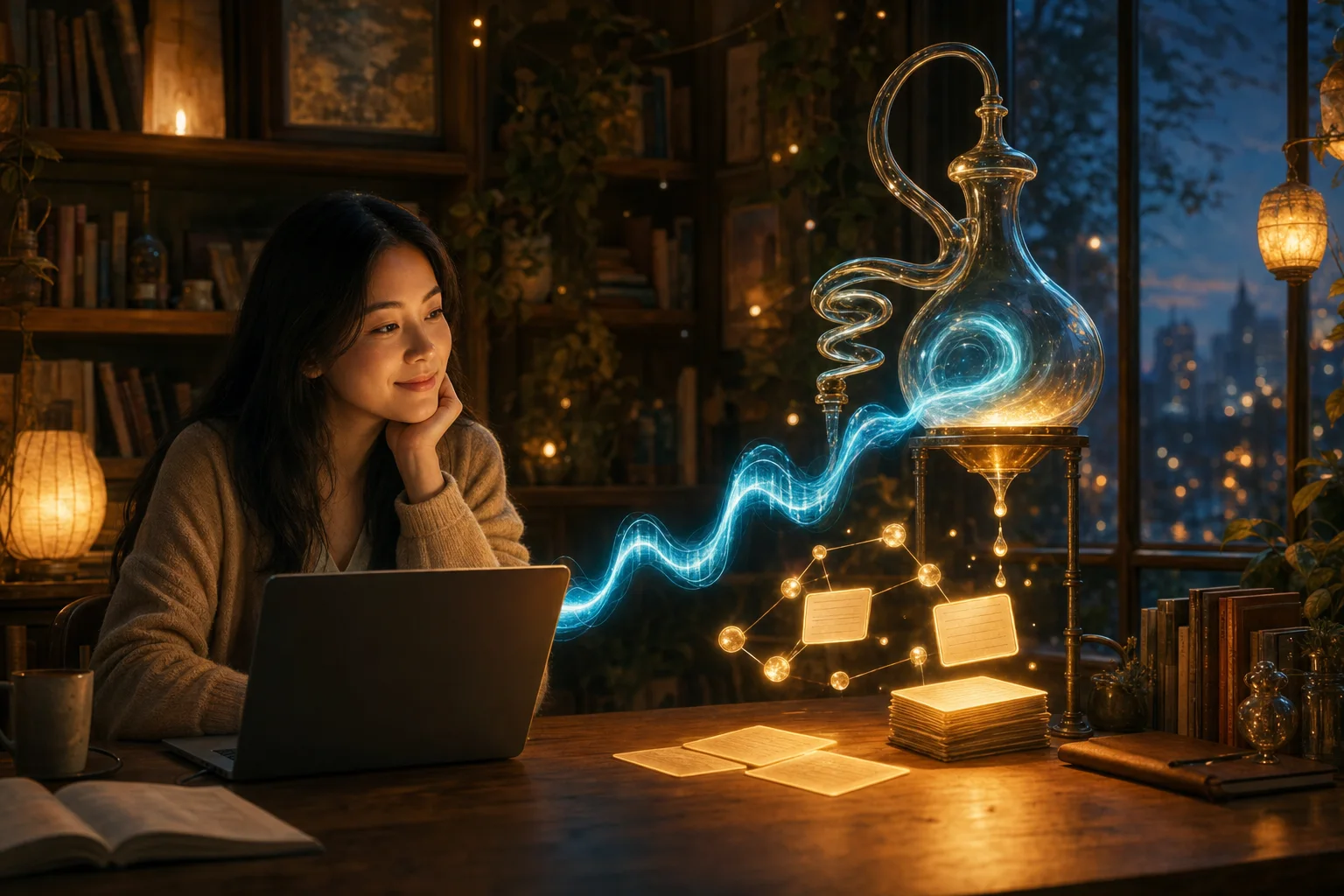A young woman at a lamplit desk smiles as a glowing soundwave from her laptop flows into a glass still and drips out as study cards and a concept map